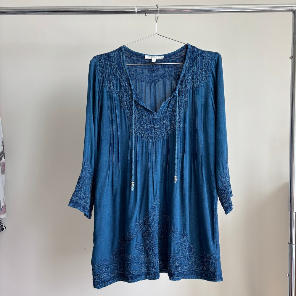 Solitaire Embroidered Peasant Top S Blue Boho Revival Ren Faire Whimsy Eclectic